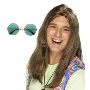 Hippie Sixties verkleed set - Pruik lang haar bruin - bril ronde glazen groen - heren