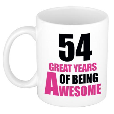 Verjaardag 54 jaar Koffiemok Cadeau - Great years of being awesome - wit/roze - voor dames Verjaardag 54 jaar Koffiemok Cadeau - Great years of being awesome - wit/roze - voor dames