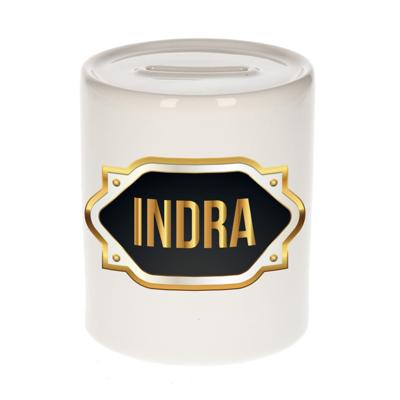 Spaarpot met voornaam Indra - wit - goud/zwart embleem - 8 x 9 cm - keramiek - afsluitdop