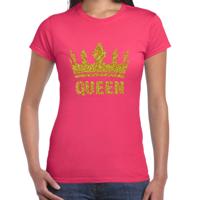 Koningsdag T-shirt voor dames - Queen - glitter goud - roze - feestkleding