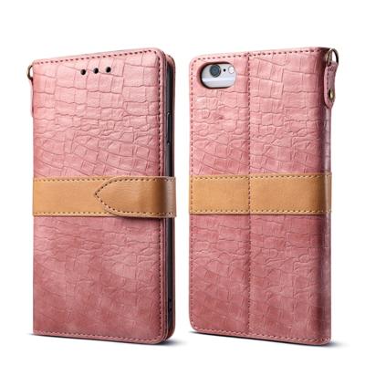 Splicing kleur krokodil textuur PU horizontale Flip lederen case voor iPhone 6/6S met portemonnee & houder & kaartsleuven & Lanyard (roze)