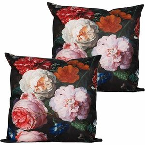 Buitenkussen bloem - 2x - zwart/roze - 45 x 45 cm - Water en UV bestendig