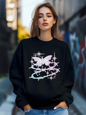 Bon&Bon Women's Butterfly Heart Print Sweatshirt - Loose Crew Neck Pullover Black / M