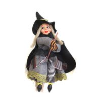 Halloween decoratie heksen pop op bezem - 20 cm - zwart/grijs - Halloween poppen - thumbnail