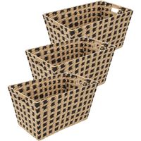 Rieten opbergmand - 3x - gevlochten rechthoek - beige/zwart - 55 x 35 x 30 cm