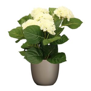 Hortensia kunstplant/kunstbloemen 36 cm - wit - in pot taupe mat