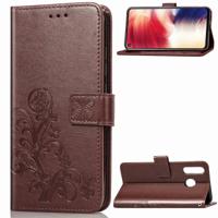 Lucky Clover ingedrukt bloemen patroon lederen case voor Galaxy A8s met houder & kaartsleuven & portemonnee & hand strap (bruin)