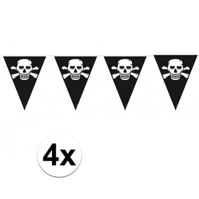 Piraten vlaggenlijn - 4x stuks - zwart - 10 meter - plastic - feestversiering - piratenversiering