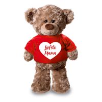 Pluche knuffel teddybeer 24 cm met Liefste Mama hartje t-shirt - thumbnail