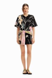 Korte jurk met geïllustreerde bloemen - BLACK - XL