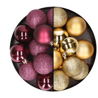 24x stuks kunststof kerstballen mix van aubergine en goud 6 cm - Kerstbal