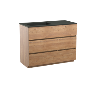 Storke Edge staand badmeubel 110 x 52 cm ruw eiken met Scuro asymmetrisch linkse wastafel in mat kwarts