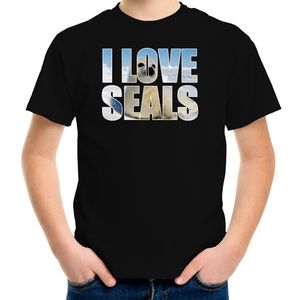 Tekst t-shirt I love seals met dieren foto van een zeehond zwart voor kinderen