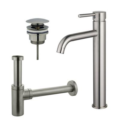 Fortifura Calvi Wastafelkraanset - verhoogde wastafelkraan - klikwaste plug - design sifon - Geborsteld RVS PVD (RVS) SW377857/SW696201/SW696212