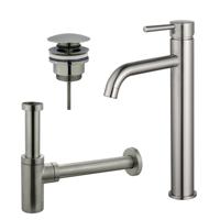 Fortifura Calvi Wastafelkraanset - verhoogde wastafelkraan - klikwaste plug - design sifon - Geborsteld RVS PVD (RVS) SW377857/SW696201/SW696212