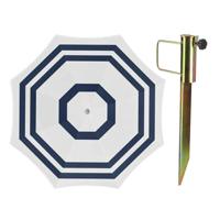 Parasol met metalen grondharing - wit/blauw strepen - polyester - Dia 200 cm - verstelbaar