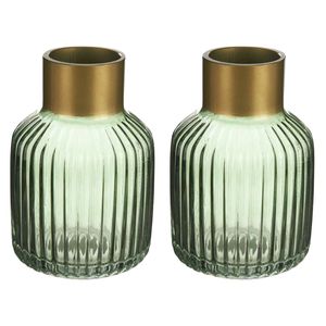 Bloemenvazen 2x stuks - luxe decoratie glas - groen/goud - 12 x 18 cm