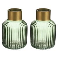 Bloemenvazen 2x stuks - luxe decoratie glas - groen/goud - 12 x 18 cm - thumbnail