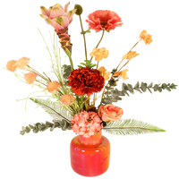 Kunstbloemen Plukboeket roze rood zalm met aardwerk vaas
