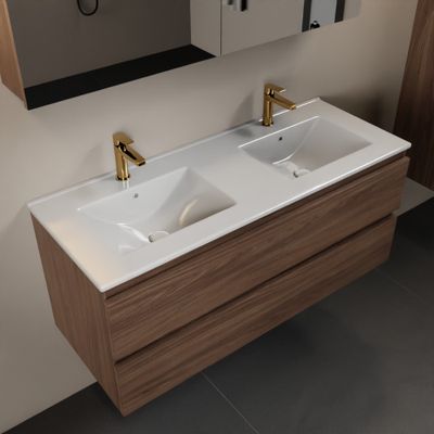 MONDIAZ AIVY 120cm badmeubel Mocha, wastafel glanzend wit keramiek dubbel 2 kraangaten met spiegelkast (M60104 - AI-M120MODU - AI-C120MOMI)