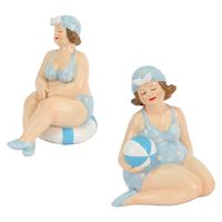 Woonkamer decoratie beeldjes set van 2 dikke dames - blauw badpak - 11 cm - thumbnail