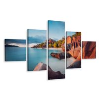 Schilderij - Strand Seychellen, 5 luik, Premium Print - thumbnail