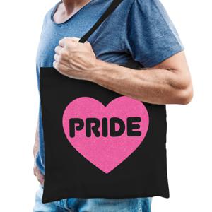 Bellatio Decorations Gay Pride tas heren - zwart - katoen - 42 x 38 cm - roze glitter hart - LHBTI   -