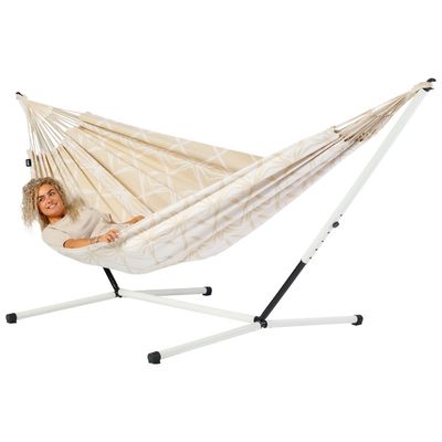 Familie hangmat met metalen standaard - 400x180cm - Ecru - 200kg draagkracht- 100% katoen - binnen & buiten