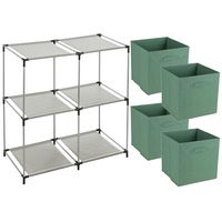 Opbergrek 2-laags - metaal - kunststof - grijs - 67 x 68 cm - incl. 4 opbergmanden groen