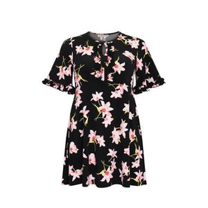 Yoek gebloemde tuniek HIBISCUS van travelstof zwart/lichtroze/groen