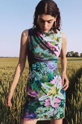 Gedrapeerde bloemenjurk - GREEN - M