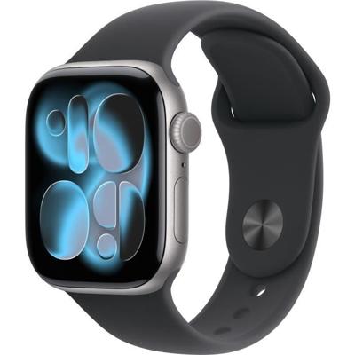 Apple Watch Series 11 GPS + Cellular - 42 mm - Spacegrijze aluminium kast - Zwarte sportband - S/M