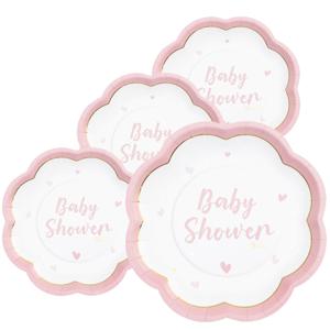 Feest/babyshower bordjes - geboorte - 32x - roze - bloem vorm - papier/karton - 20 cm