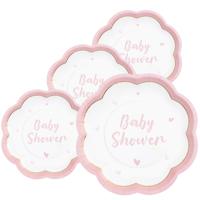 Feest/babyshower bordjes - geboorte - 32x - roze - bloem vorm - papier/karton - 20 cm - thumbnail