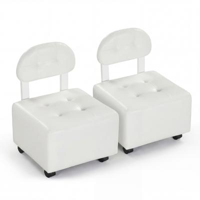 Set van 2 Lage Rolkrukken Ergonomische Rolstoel met Gestoffeerde Rugleuning Zitting en 360°-Zwenkwielen Mobiele Draaikruk-Wit