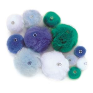 45 knutsel pompons met kunststof ogen blauw/lichtblauw/groen