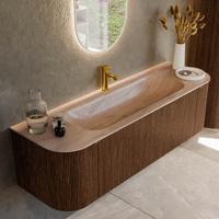 Badmeubel Mondiaz Kurve-Dlux | 150 cm | Meubelkleur Walnut | Wastafelkleur Saba | Solid surface | Wasbak midden spoelbak | 1 kraangat