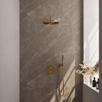 Brauer Gold Carving Thermostatische Regendoucheset Inbouw - Hoofddouche 30 cm - Gebogen Wandarm - 3 Weg - Handdouche Rond - Doucheslang - Wandaansluitbocht - Geborsteld Goud