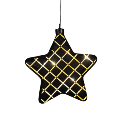 Kersthanger ster glas gouden binnenkant met diamant patroon 10led warm wit op batterij met timer 19 cm mat zwart - Annas collection