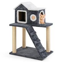 90 cm Hoge Moderne Kattenboom 3-Laagse Speeltoren met Open Dak & Sisalpalen & Klimladder Compacte Kattenmeubels Grijs