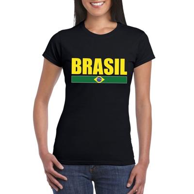 Brazilie supporters kleding t-shirt - voor dames - zwart - met vlag kleuren print - korte mouwen