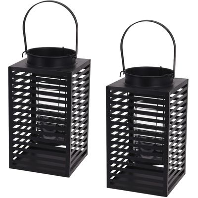 Set van 2x stuks metalen lantaarn/windlicht kaarshouder zwart 12 x 24,5 cm