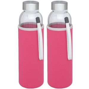 2x stuks glazen waterfles/drinkfles met roze softshell bescherm hoes 500 ml