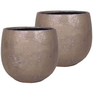 Set van 3x stuks bloempot/plantenpot schaal van keramiek glanzend brons kleur motief D19 cm en H17 c