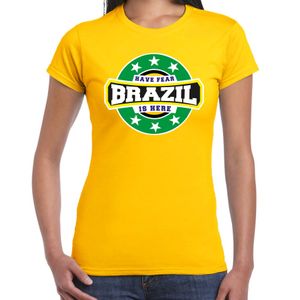 Have fear Brazil is here / Brazilie supporter t-shirt geel voor dames 2XL  -