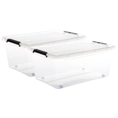 5Five opberg kist met deksel - 2x - Clip Box - 40 liter - 58 x 39 x 25 cm - kunststof - transparant