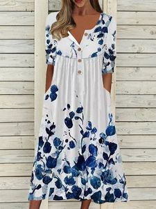 Buttoned Purplish blue Floral Loosen Weaving Dress