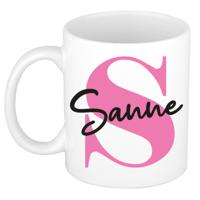 Naam mok Sanne - roze - wit - keramiek - 300 ml - verjaardag/cadeau beker