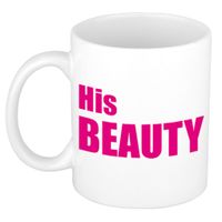 His beauty cadeau mok / beker wit met roze letters 300 ml