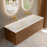 Mondiaz KURVE-DLUX 130 cm Onderkast Greeploos 2 Lades Zonder Deuren Walnut, Wastafel Solid Surface Dubbel Opalo 0 Kraangaten Zonder Spiegel (KRVLEA1302L0D0KD-Wal/Opa)